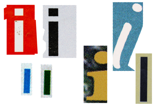 Letter font i from printout magazine cut out, collage element.