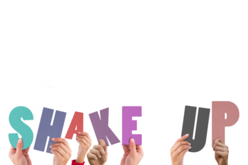 Cropped hands holding colorful alphabets forming shake up