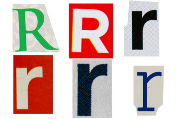 Letter font r from printout magazine cut out, collage element.