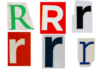 Letter font r from printout magazine cut out, collage element.