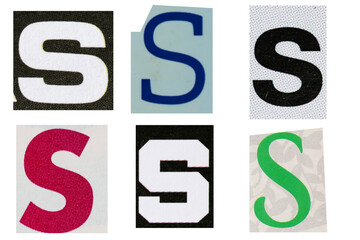 Letter font s from printout magazine cut out, collage element.