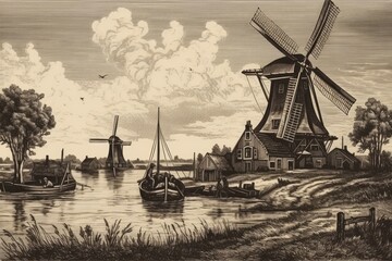 Dutch landscape featuring windmills and boats on a river. Generative AI