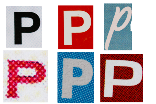 Letter p magazine cut out font, ransom letter, isolated collage elements for text alphabet, ransom note