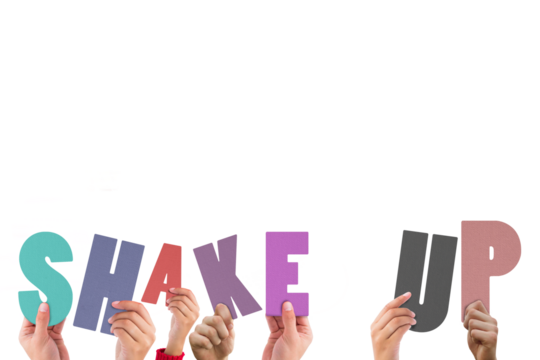 Cropped hands holding colorful alphabets forming shake up