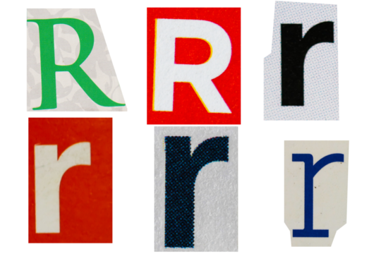 Letter font r from printout magazine cut out, collage element.