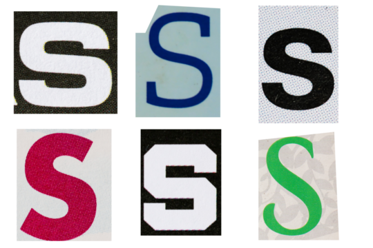 Letter font s from printout magazine cut out, collage element.