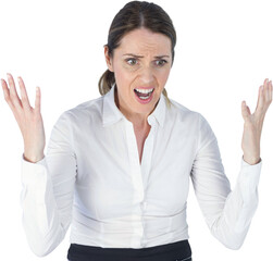 Frustrated businesswoman over white background