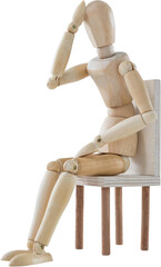 3d image of stressed wooden figurine sitting on chair 
