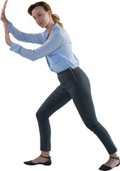 Businesswoman pretending to push an invisible wall