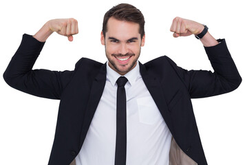 Happy businessman in suit cheering 
