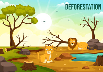 Deforestation Illustration with Tree in the Felled Forest and Burning Into Pollution Causing the Extinction of Animals in Cartoon Hand Drawn Templates