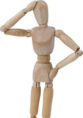 Confused3d wooden figurine standing with hand on head