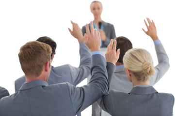 Business team raising hands during conference