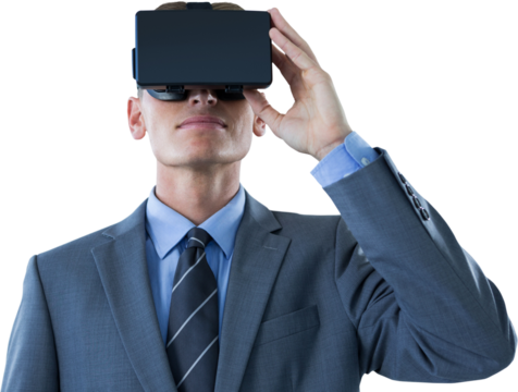 Businessman using virtual reality headset