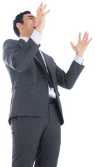 Excited businessman with arms raised