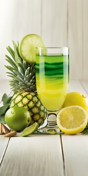 Green Apple Drink With Fruit Garnishes Of Apple, Pineapple, And Lemons On A White Wood Table. Generative AI