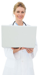 Blonde doctor using laptop