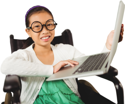 Young girl showing laptop while sitting on wheelchair