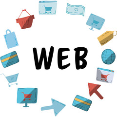 Web text amidst various vector icons