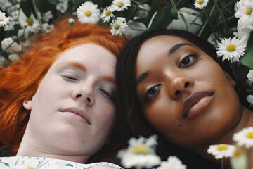 Obraz premium Portrait of two young women amidst flowers, generative ai