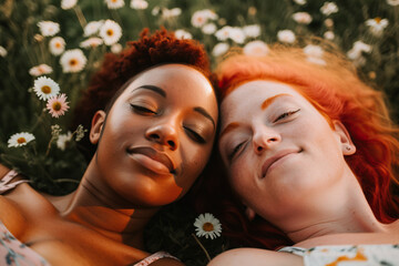 Two happy young women lying amidst flowers, generative ai