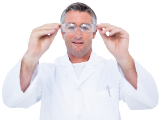 Optician in coat holding glasses 