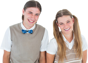 Smiling geeky hipsters looking at camera 