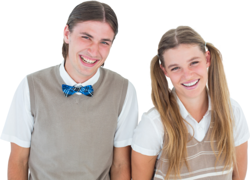 Smiling geeky hipsters looking at camera 