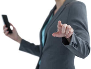 Businesswoman holding mobile phone and using digital screen