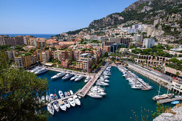 Panoramic view of Port de Fontvieille in Monaco. Côte d'Azur . Colorful bay with a lot of luxury yachts
