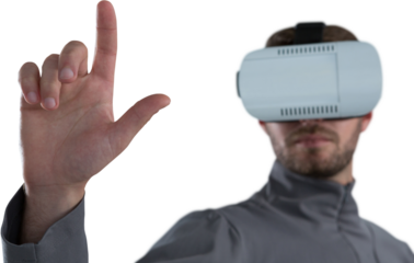 Man gesturing while using virtual reality headset