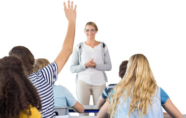 Student raising hand in classroom