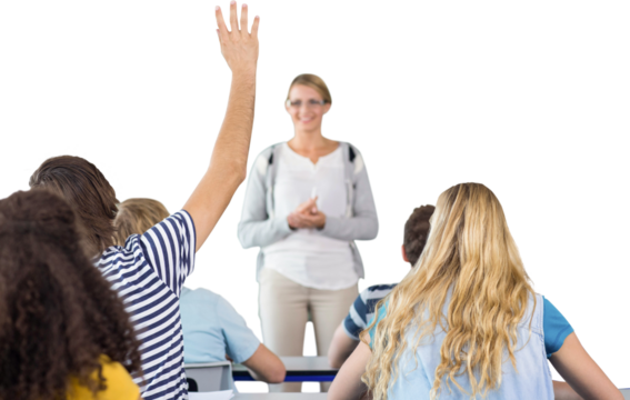 Student raising hand in classroom