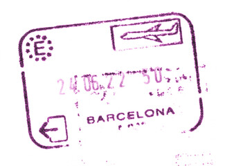 Passport customs entry stamp in the airport of Barcelona, Spain. Isolated on white. Purple airplane. Tourists traveling in Europe.