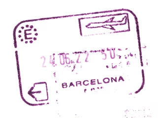 Foto op Plexiglas Passport customs entry stamp in the airport of Barcelona, Spain. Isolated on white. Purple airplane. Tourists traveling in Europe. © Punkbarby