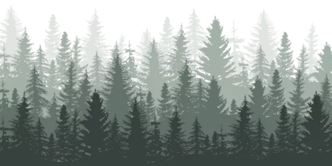 Fotobehang Kaki Forest panorama view. Pine tree landscape vector illustration.  Spruce silhouette. Banner background.