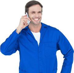Mechanic using mobile phone over white background