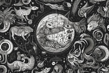 black and white zodiac signs in a circular pattern. Generative AI