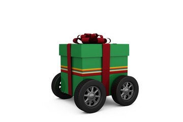 Green gift box with red ribbon on wheels