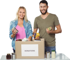 Portrait of happy colleagues smiling while holding products 