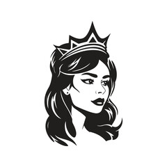 beautiful girl wearing crown, logo concept black and white color, hand drawn illustration