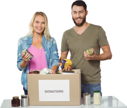Portrait of happy colleagues smiling while holding products 