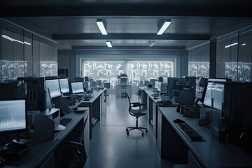 an office with multiple computer screens on the walls and desks, all lit up at night to see what is happening. Generative AI