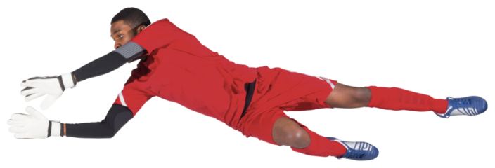 Goalkeeper in red making a save