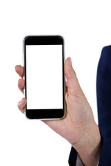 Mid section of businesswoman holding mobile phone