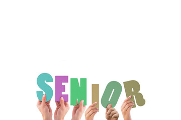 Cropped hands holding colorful alphabets forming senior
