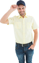 Fototapeta premium Happy delivery man wearing baseball cap