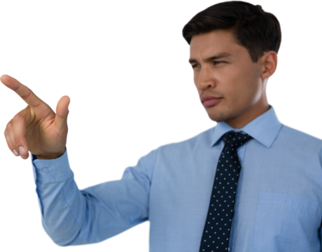 Businessman touching invisible interface - Powered by Adobe