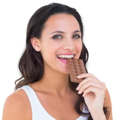 Poster Pretty brunette eating bar of chocolate © vectorfusionart