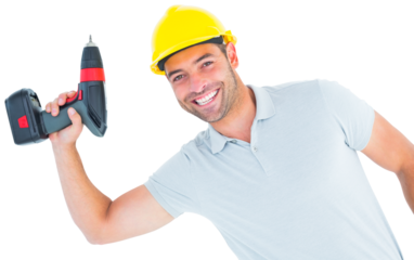 Smiling repairman holding power drill